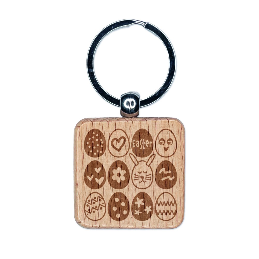 Easter Egg Wood Keychain Charm Fun Engraved Square Tag  