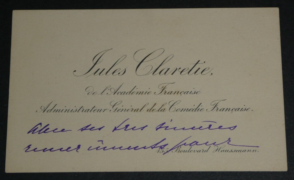 Jules CLARETIE, Novelist - AUTOGRAPH BUSINESS CARD 2 pages