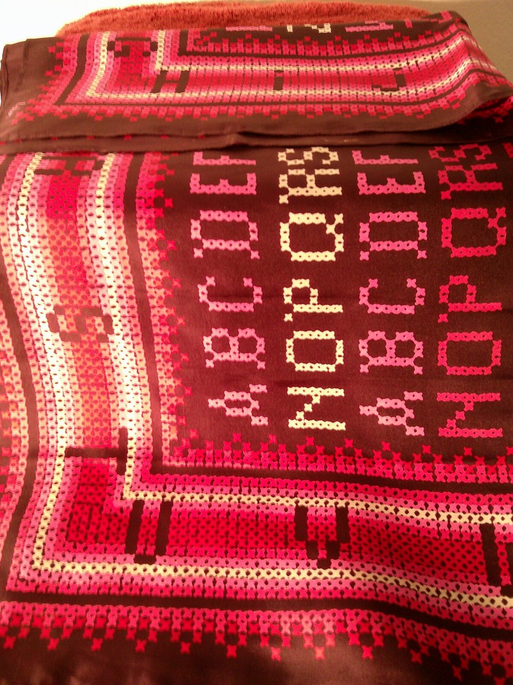 ECHO Purple Wine Pink Red Floral Print Silk Scarf with Cross Stitch Lettering