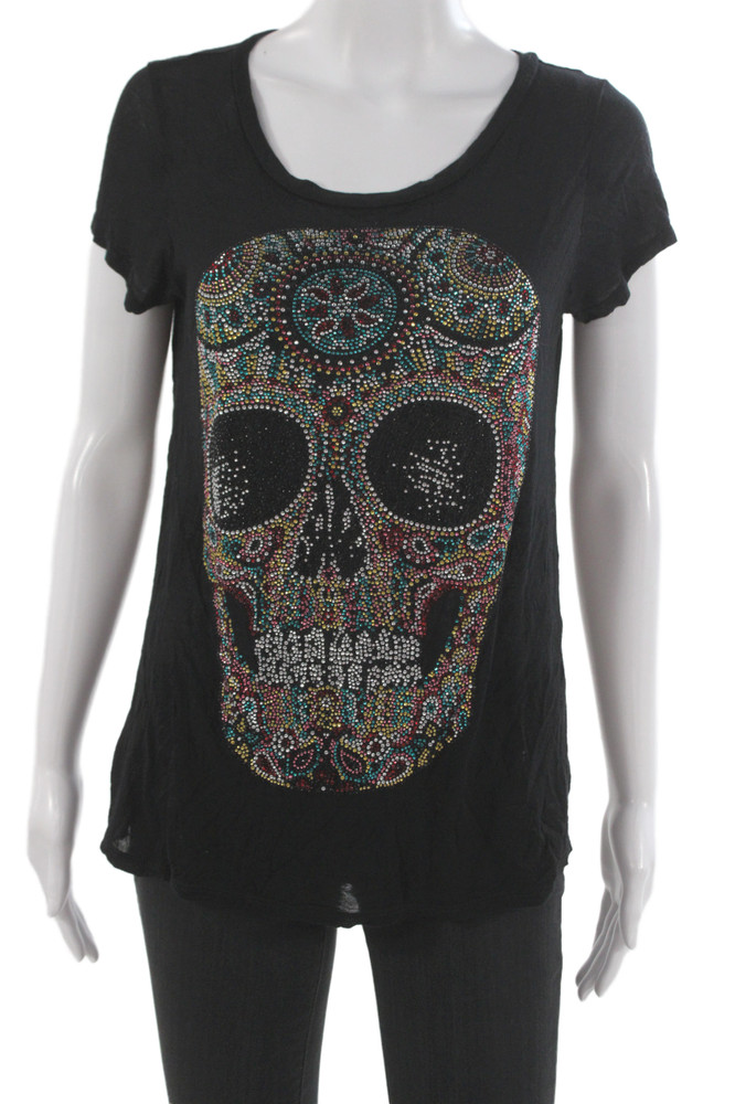Lauren Moshi Women Black Jersey Tee Skull Graphic Cotton Short Sleeve Size MFree Shipping in US $100+ Orders | $6.95 Orders Below