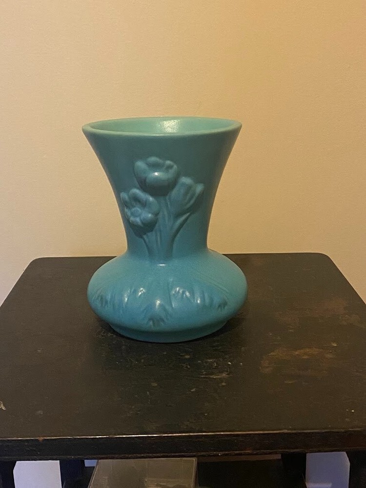 Vintage Van Briggle Ming Blue Vase w/ floral design -retired