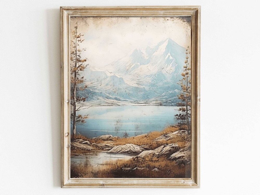 Rustic Lake Mountain Landscape Art Print for Cabin Nature Decor