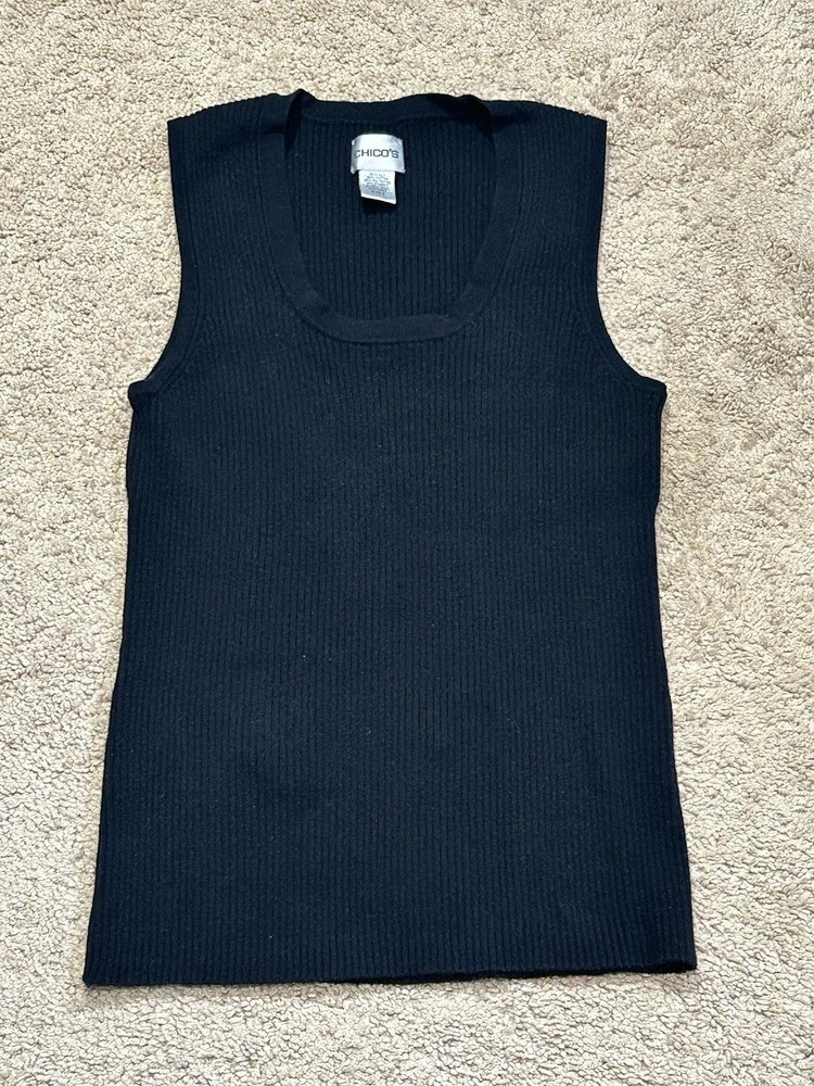 Chicos Womens Size 2 Black Silk Ribbed Stretch Dressy Shirt