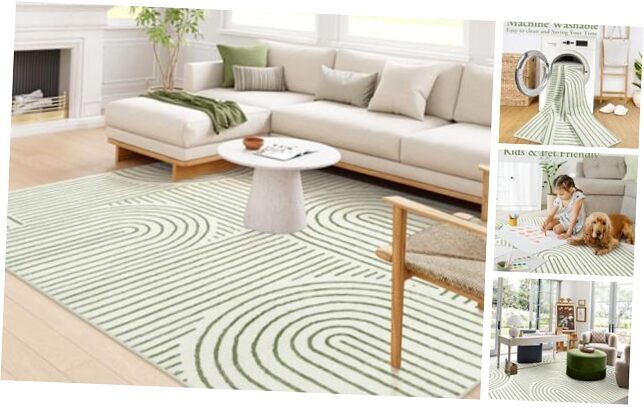 Abstract Washable Non-Slip Soft Bedroom Rug 8x10 Green White Contemporary Design Modern Home Decor Easy-Clean Durable Accent Rug for Living Room Bedroom Green and White Large Area Rug 8' x 10'-image