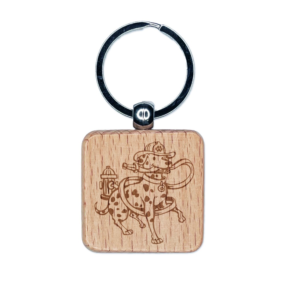 Dalmatian Fire Fighter Dog Engraved Wood Square Keychain Tag Charm