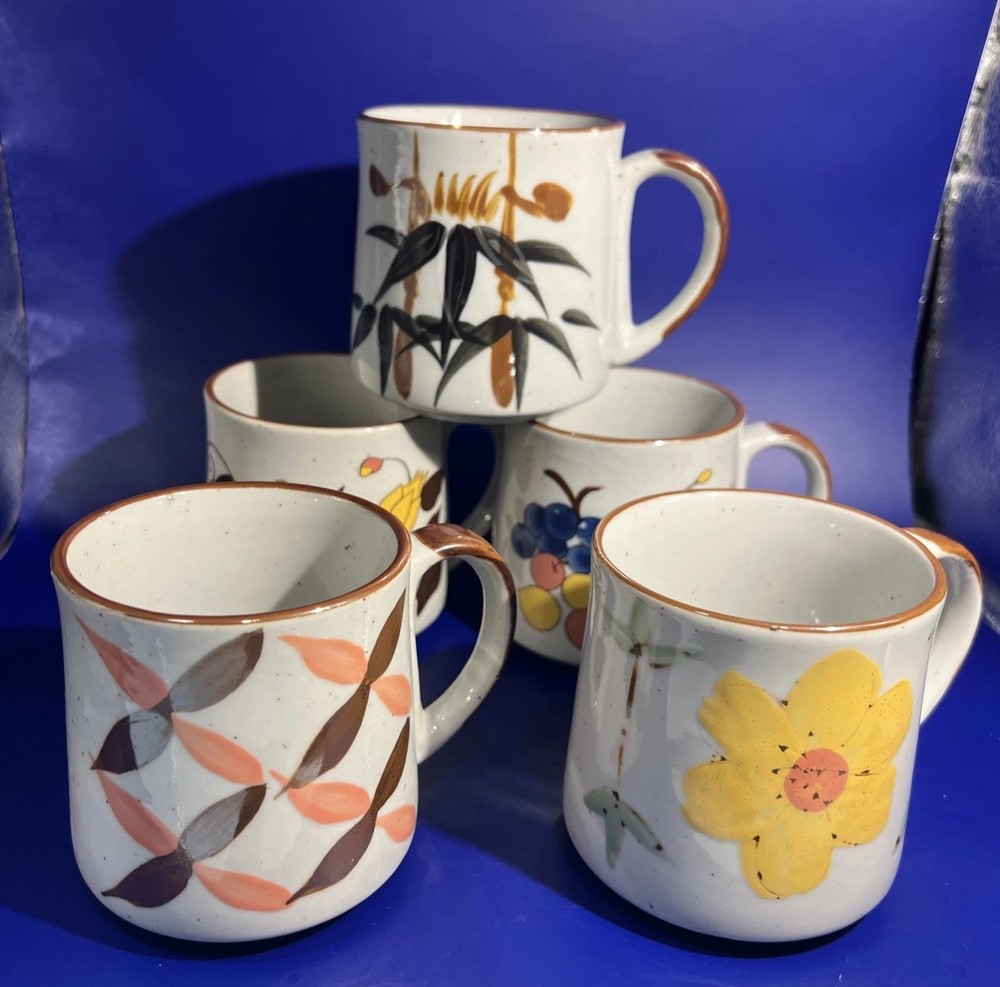 Set Of 5  VTG 1970s Korea Speckled Stoneware Coffee 8oz Mugs Fruit Flowers  MCM