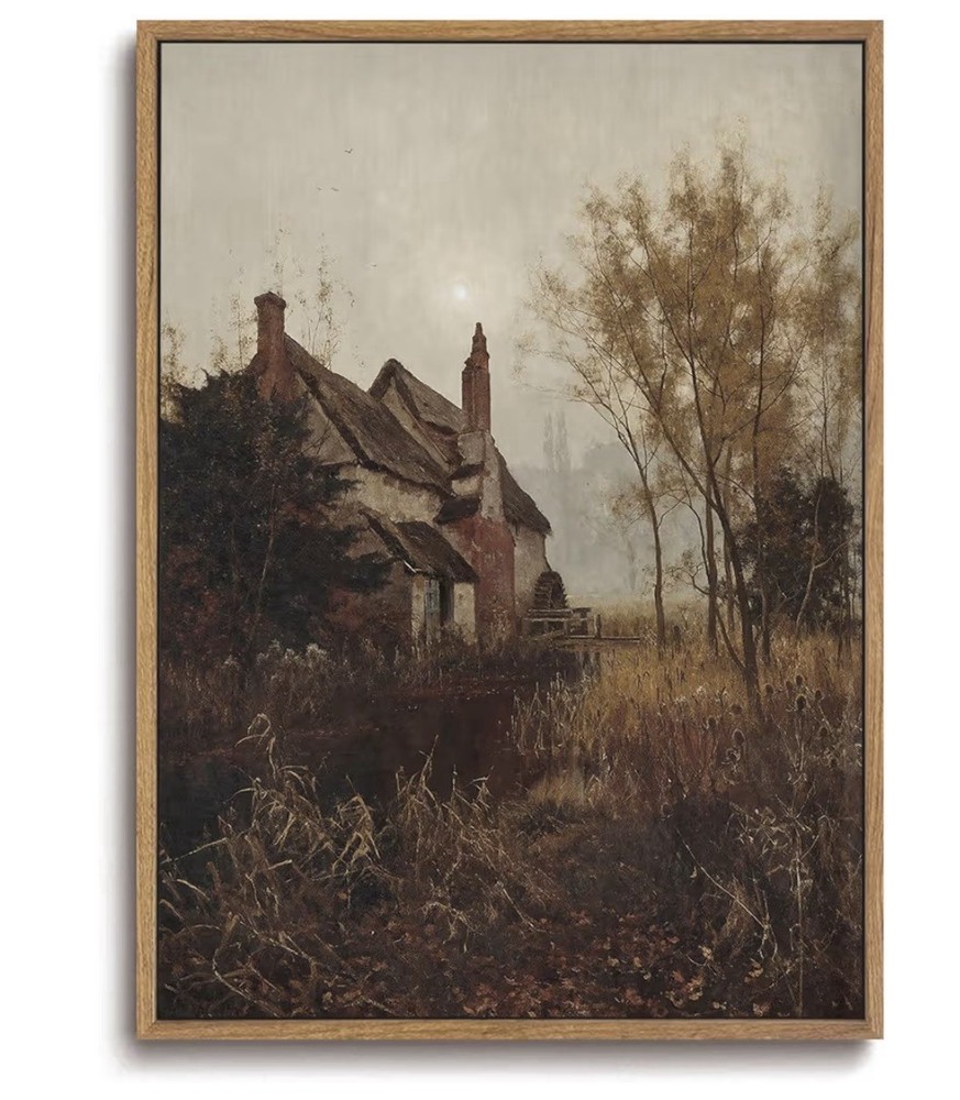 Moody Vintage Cottagecore Wall Art - Framed Rustic Landscape Canvas Print 12x16