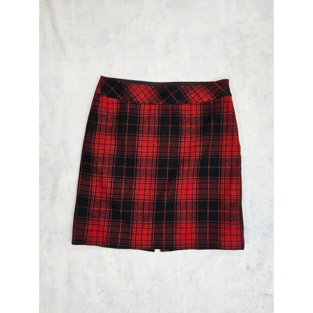 Eddie Bauer Wool Skirt 8 Red Black Pencil Tartan Short Office Vtg Career Grunge