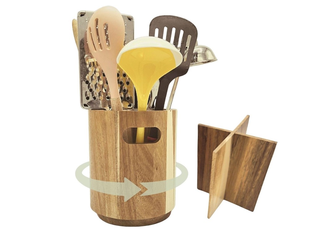 Acacia Wood Utensil Holder for Kitchen Counter, Large 360° Rotating Wooden