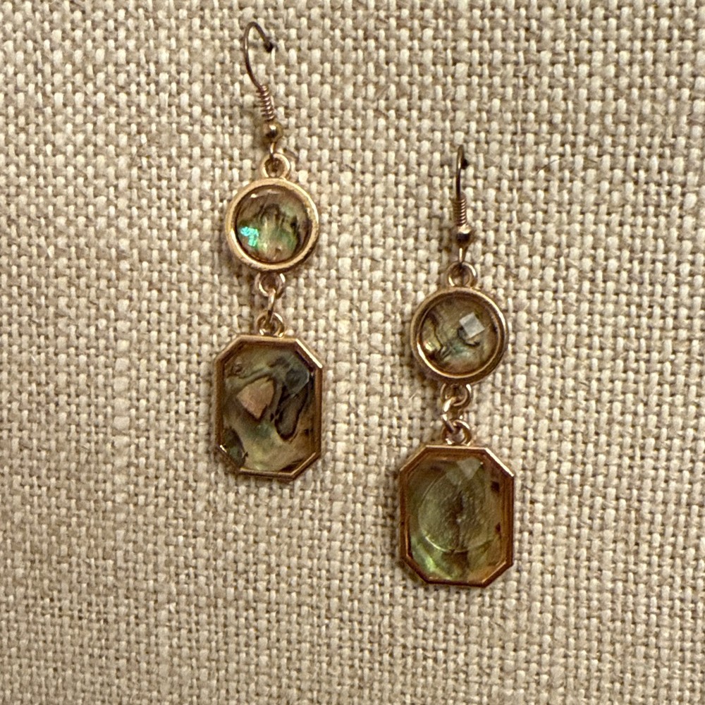 Gold Tone Blue Green Abalone Faceted Stone Teardrop dangle Octagon earrings