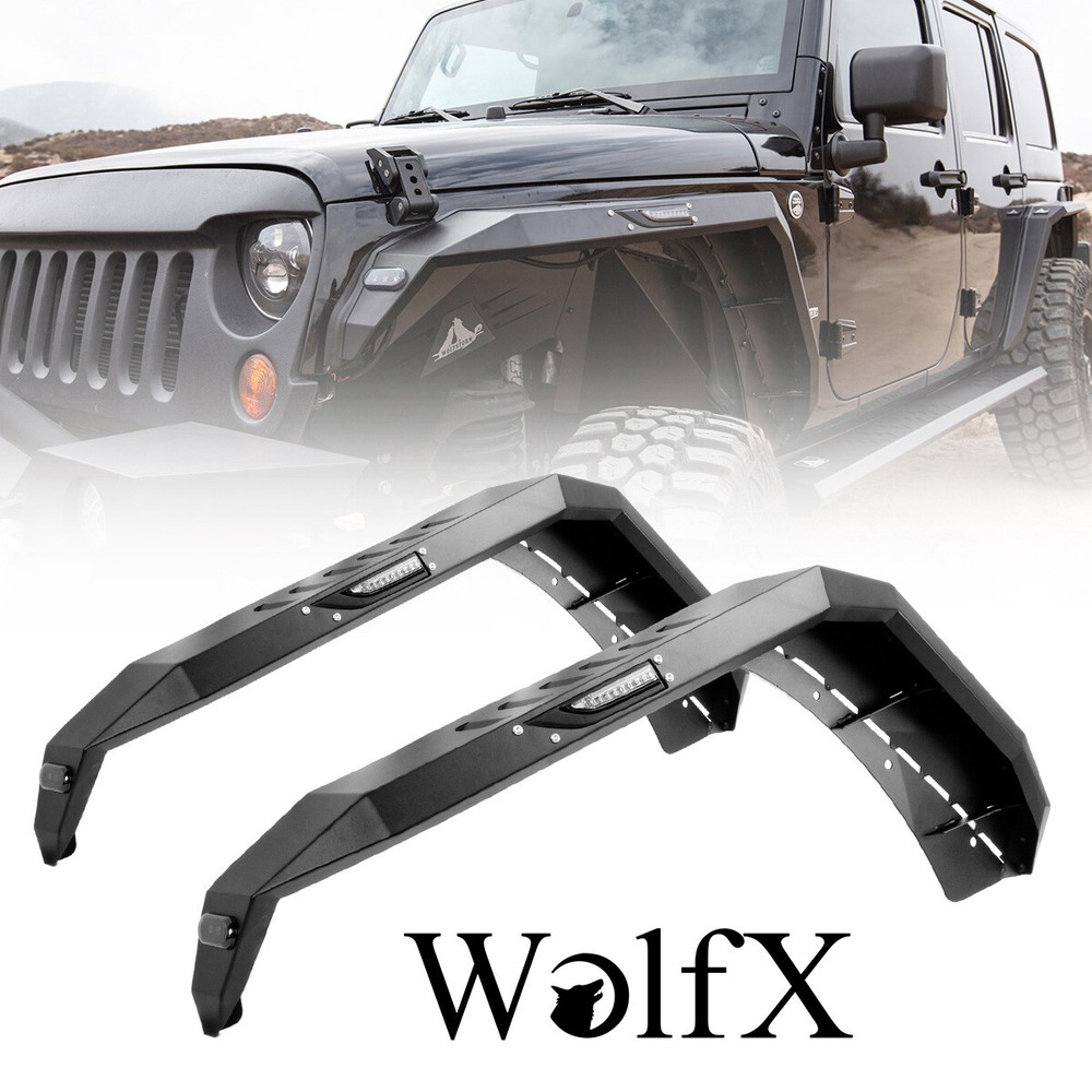 Pair Flat Style Front Fender Flares For 2007-2018 Jeep Wrangler JK JKU Steel LED
