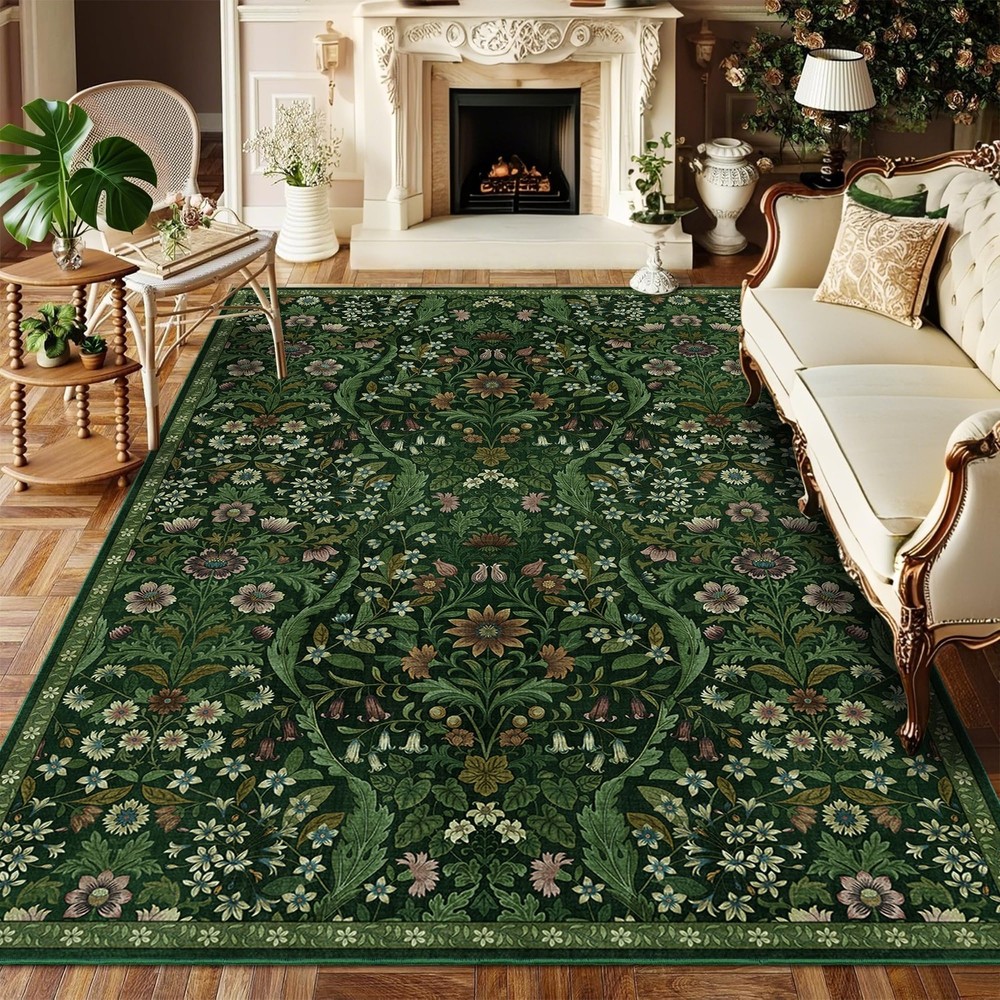 5×7 Dark Green Washable Floral Area Rug,Vintage Boho Soft Low-Pile Living Roo...