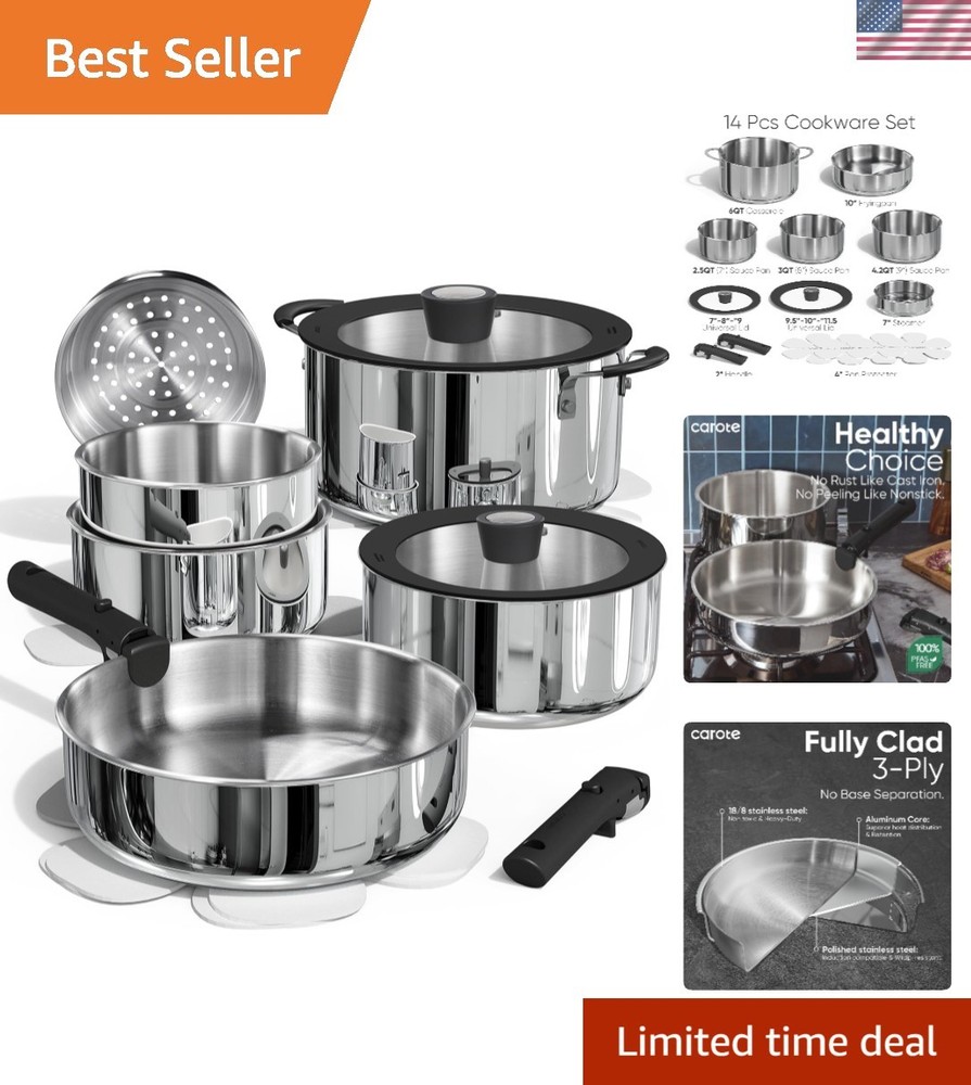 Luxury 14-Piece Stainless Steel Cookware Set with Removable Oven-Safe Handles  