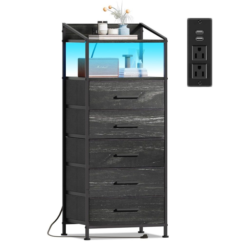 EKNKOZY Nightstand 5 Drawer Dresser with LED Lights 5 Drawers, Black - Led