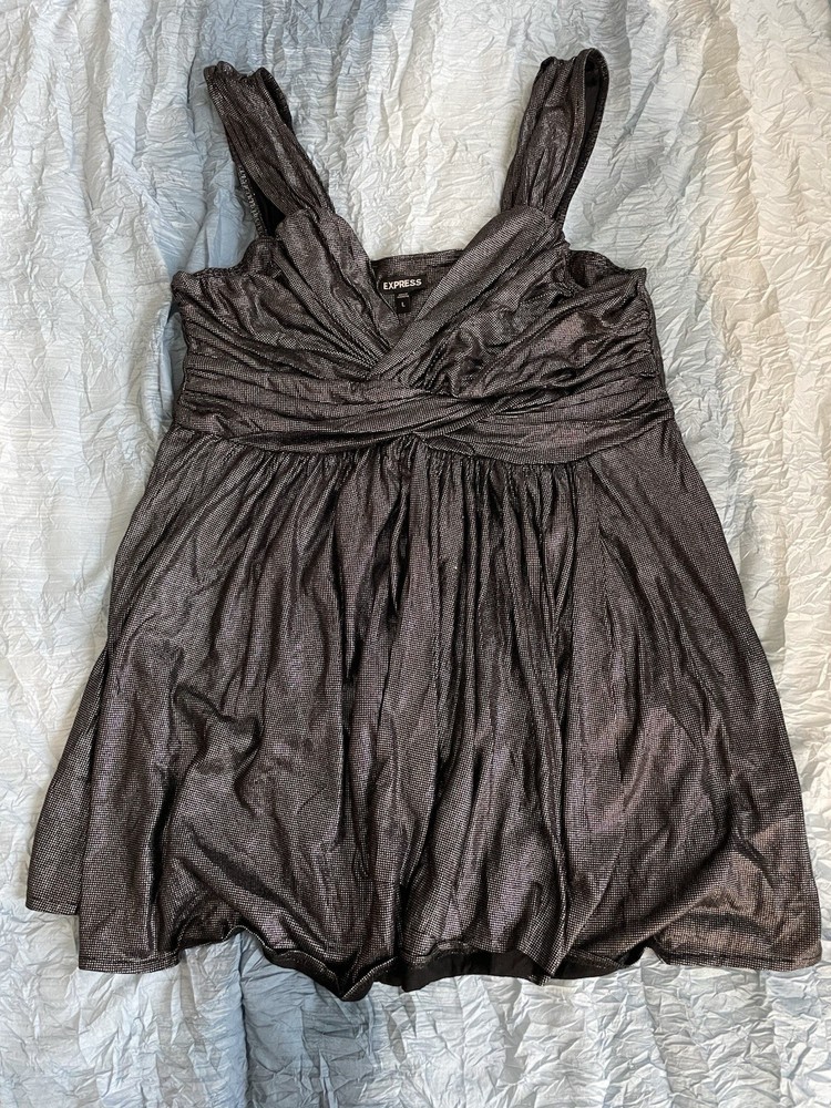 Y2K Express Metallic Babydoll Tank Top Silver Black Shimmer Party Cami Large