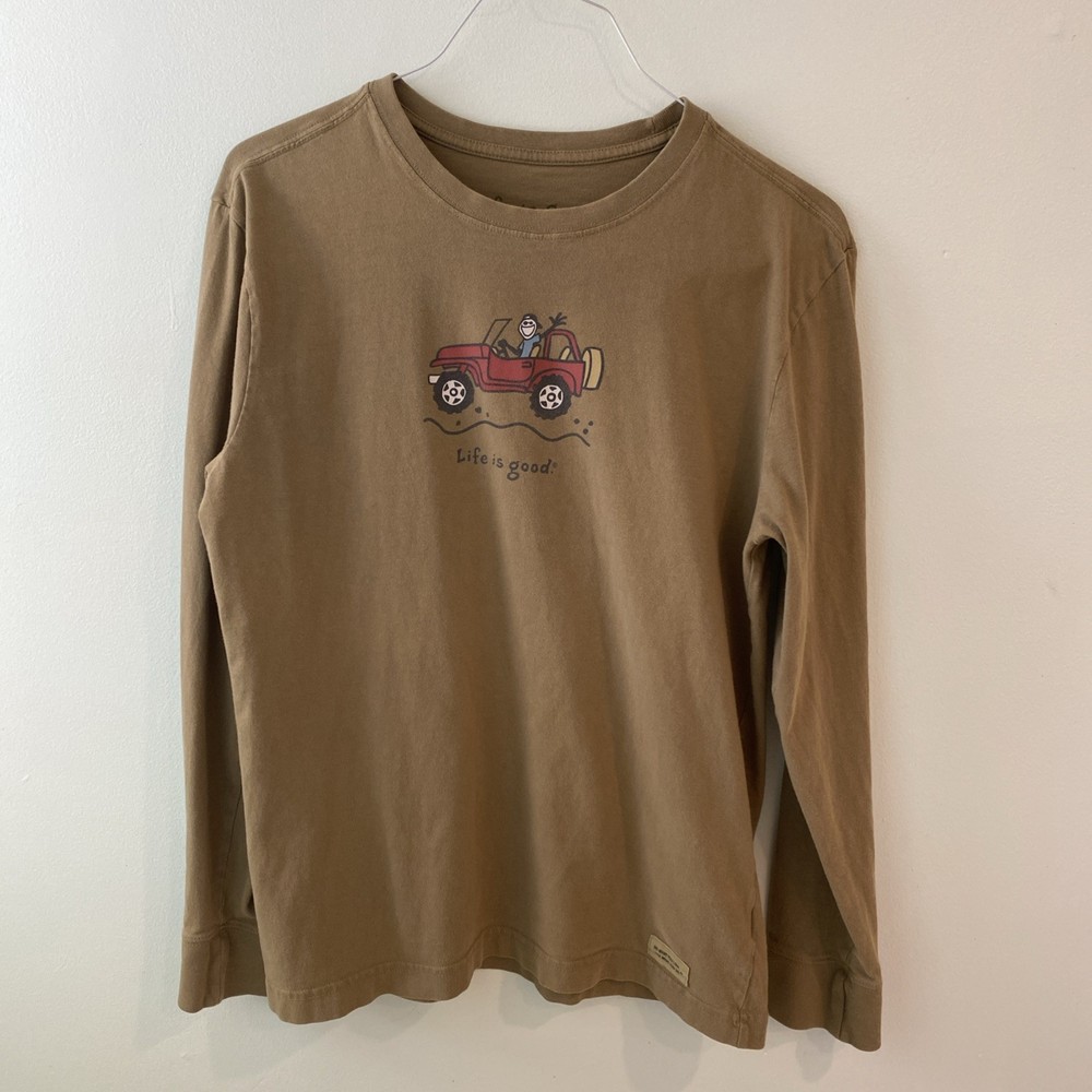 Life Is Good Red Jeep 100% Cotton Long Sleeve Tee Mens Size Small