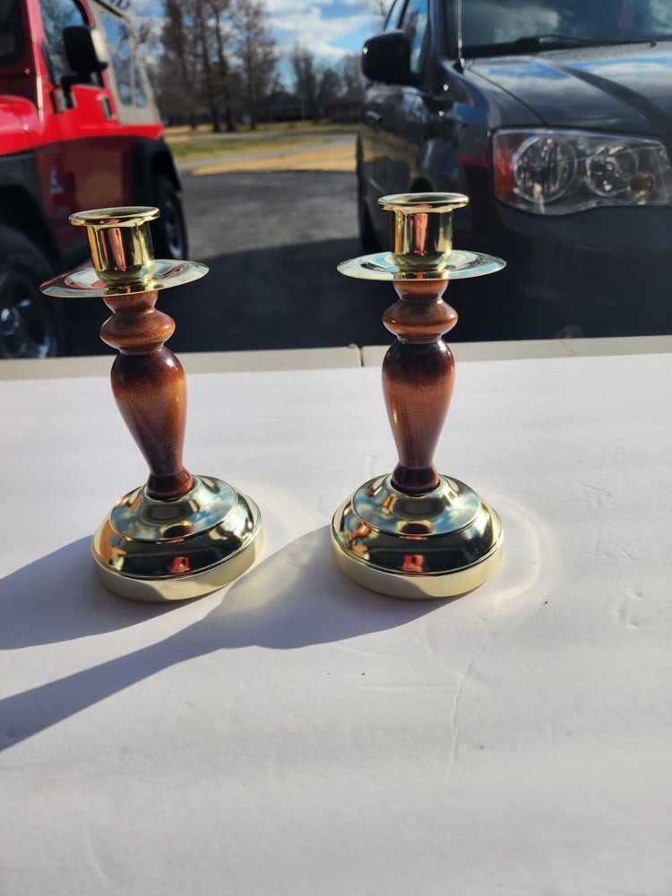 Vintage Brass & Wood Home Interiors Candle Holders Taper Candlesticks 70's