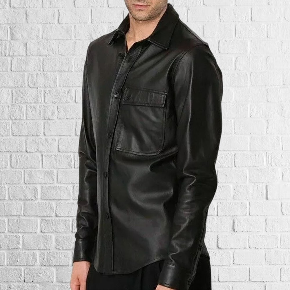 Men Genuine Black Lambskin Leather Shirt Premium Vintage Full Sleeves Button