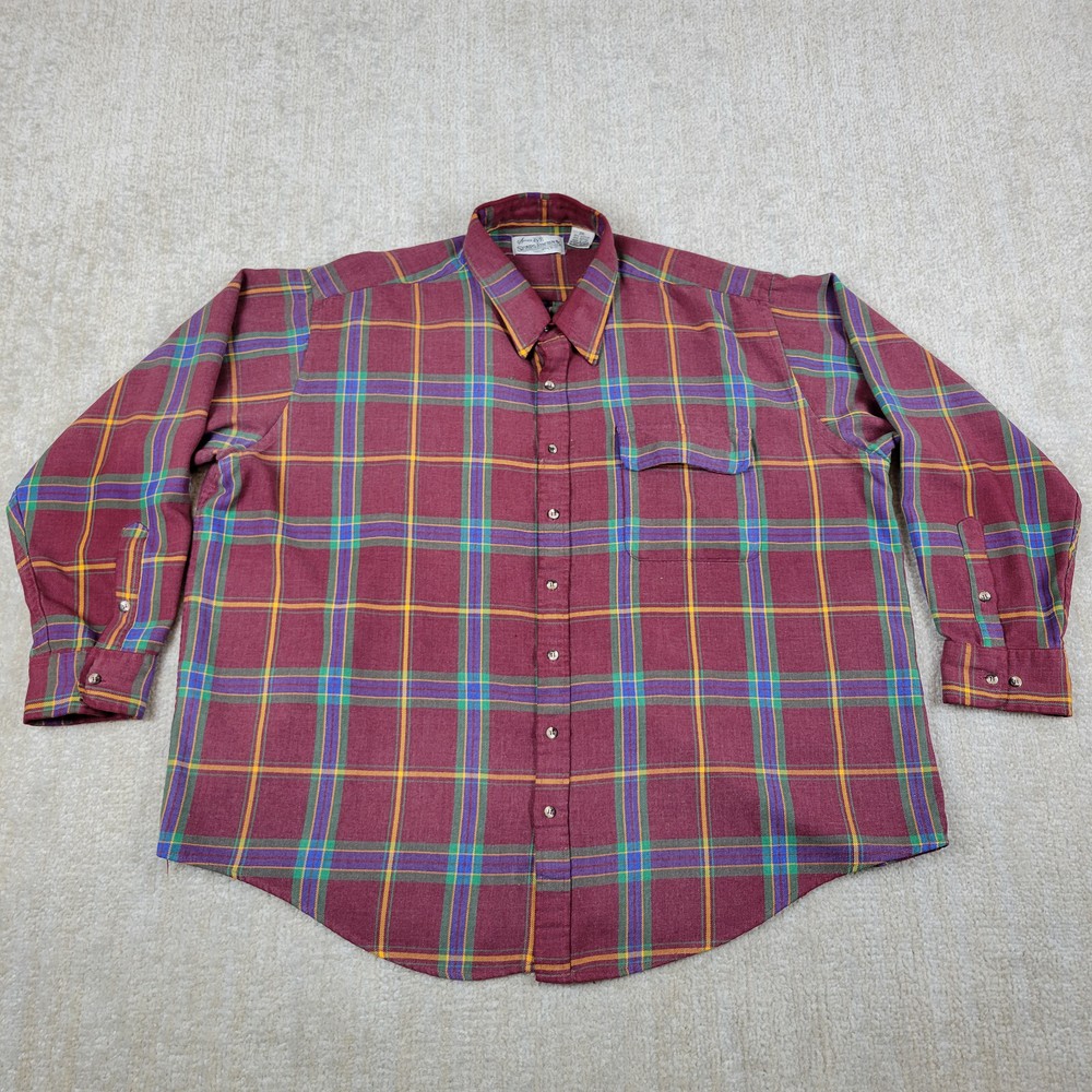 Vintage Sears Roebuck Flannel Shirt Mens 2XL Red Plaid Button Up 60s Made in USA
