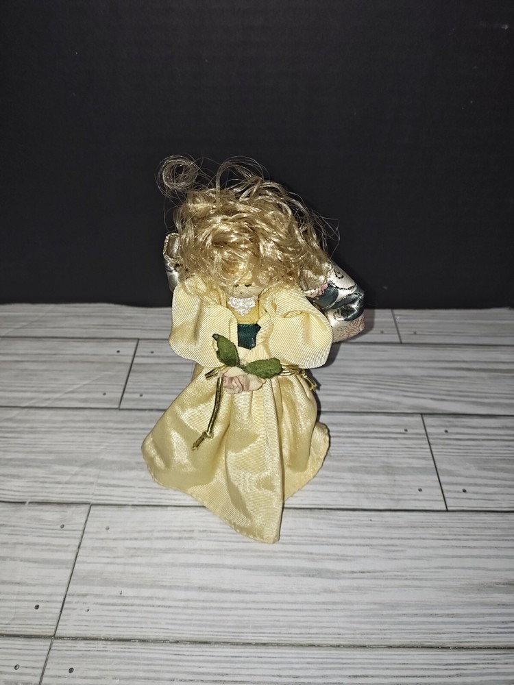 Guardian Angel Marycana Handmade Figurine 7 Inch with Gold Dress Floral Wings