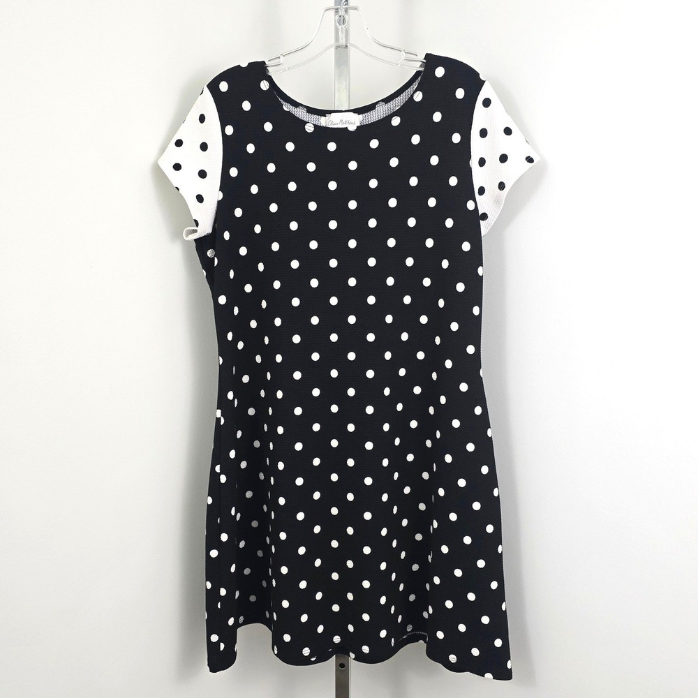Olivia Matthews Short Sleeve Polka Dot A-line Knee Length Dress Black White XL