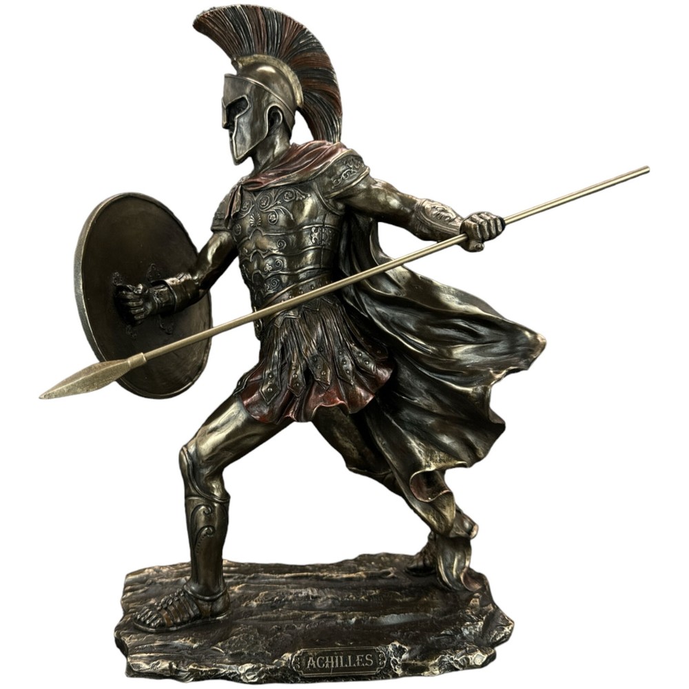 Achilles Figurine w/ Sword Shield Mask Veronese Bronze Resin Hand-Painted 28.5cm-image