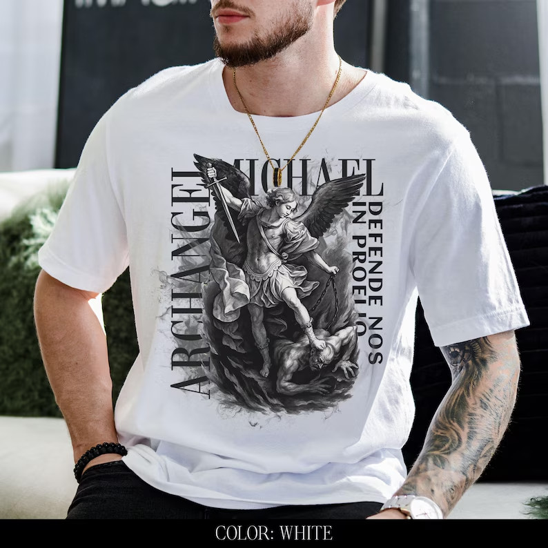 Saint Michael Archangel T-Shirt: Catholic Men's Latin Prayer Tee