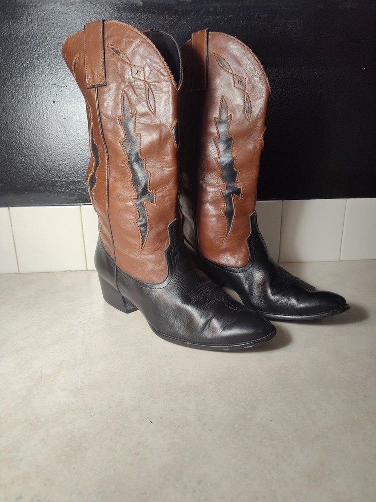 Vaneli Brown & Black Leather Designer Western Cowboy Boots Women's Size 8