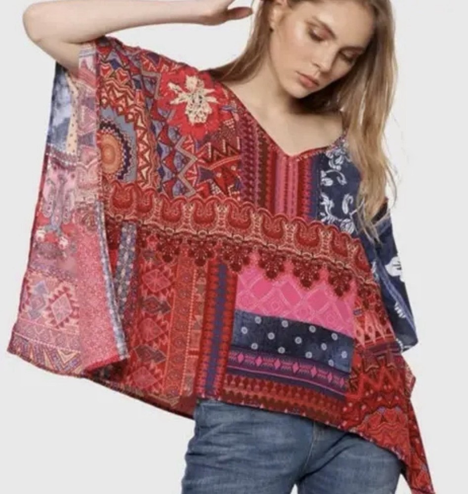 Desigual Perugia Batwing Top Bohemian Floral Print V Neck Embroidered Large