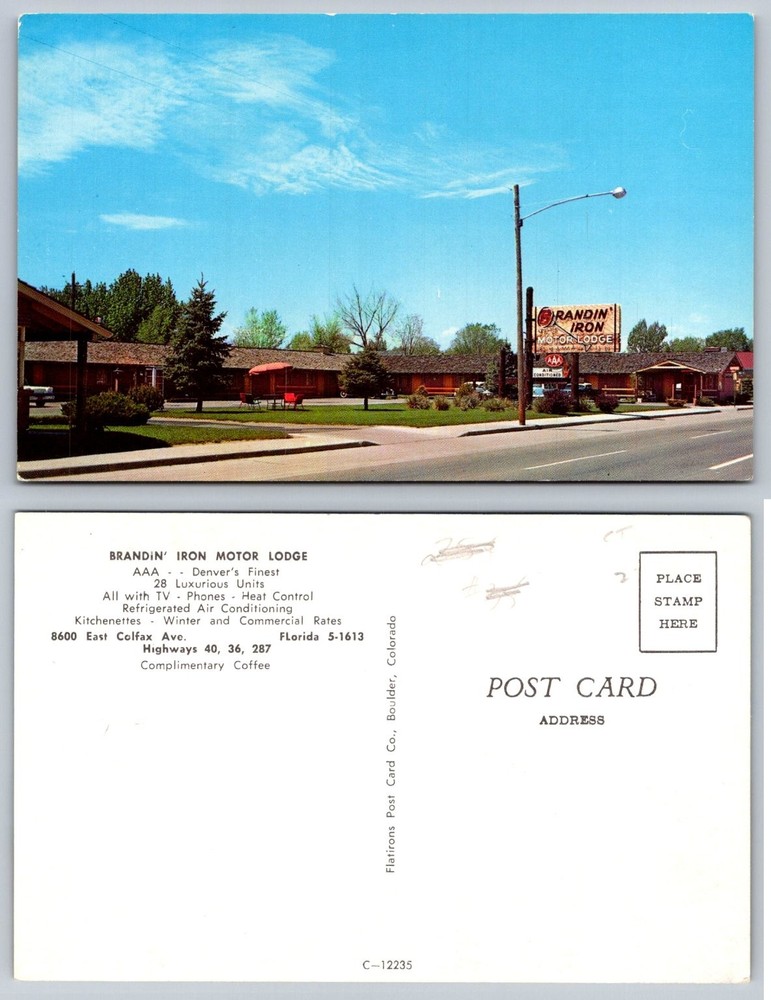 Vintage Brandin' Iron Motor Lodge Postcard Denver Colorado Colfax Ave Motel