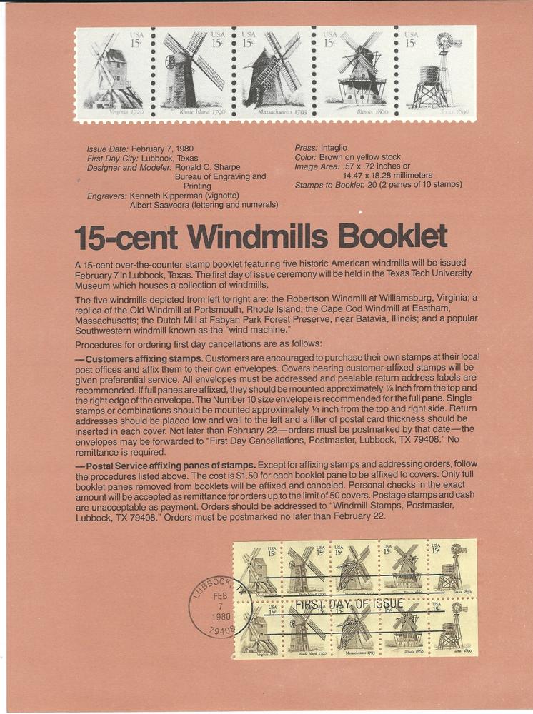 15 Cent Windmills Booklet...First Day of Issue Panel...1980