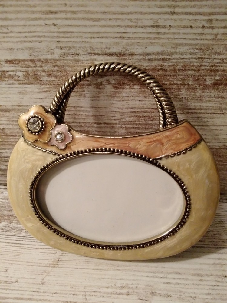 Vtg Mini Purse Shaped Photo Frame Silver-Plate Rhinestones Cream & Bronze Enamel