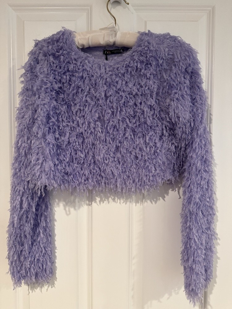 Zara Purple Solid Textured Knit Crew Neck Cropped Pullover Sweater S