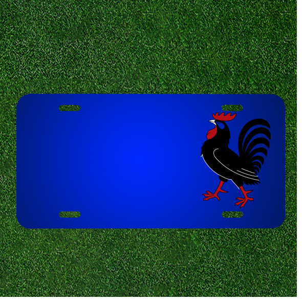 Custom Rooster-Themed License Plate with Names in Black and Red Design