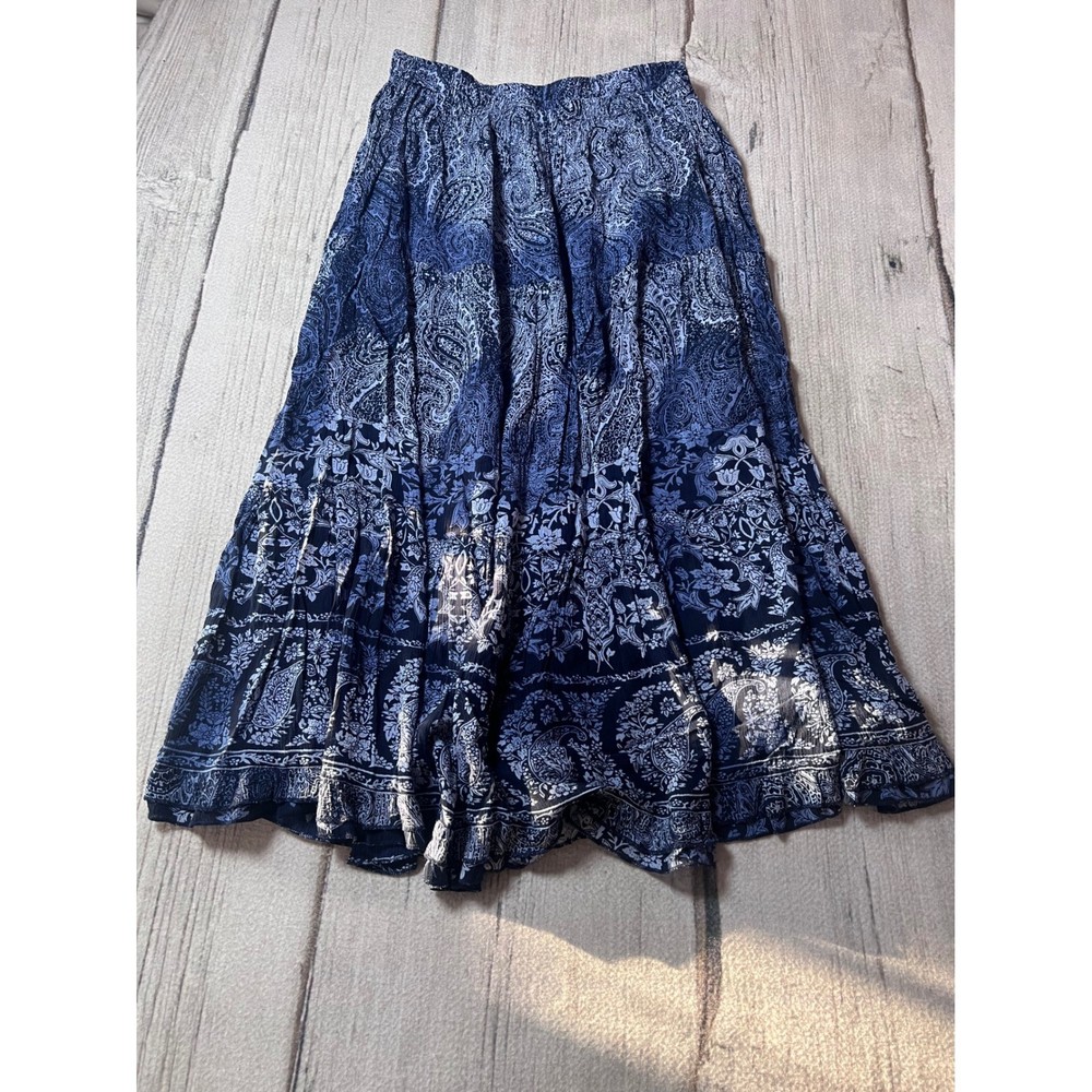 Bohemian Cafe Skirt Womens XL Blue Paisley Floral Tiered Rayon Midi Boho