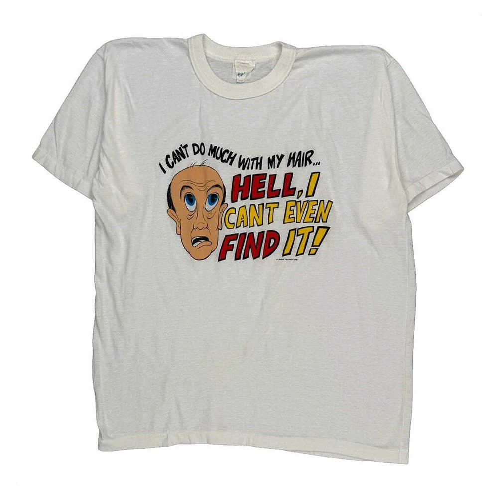 Single Stitch Bald Funny Anvil Graphic T-Shirt - XL White Cotton