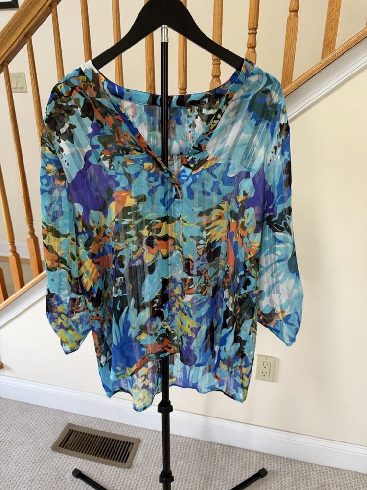 Chico's Women 2 Blue/Multicolor Abstract Chiffon Sheer V-Neck 3/4 Blouse
