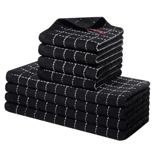 Premium 8-Piece Black Kitchen Towel and Dishcloth Set 12x12 and 13x28