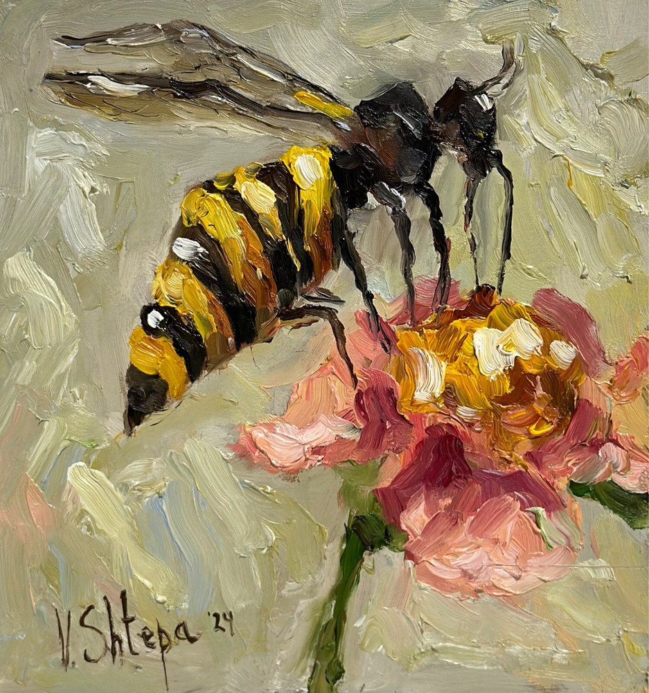 Original Painting Bumblebee Honey Bee Impasto Flower Oil Painting Signed Art
