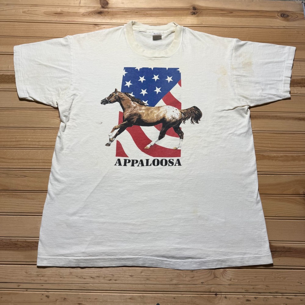 Vintage 90s Appaloosa Horse American Flag Single Stitch Graphic T-Shirt USA - XL