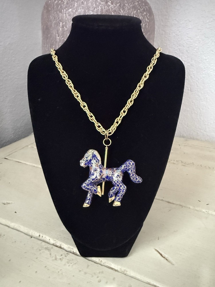 Vintage Cloisonné Carousel Horse Pendant Necklace Blue Enamel Gold Tone