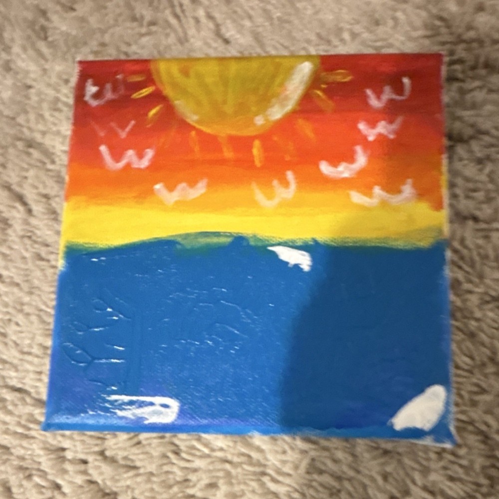 Acrylic Painting Sunset Seascape Sky Naive Art Small Canvas Original