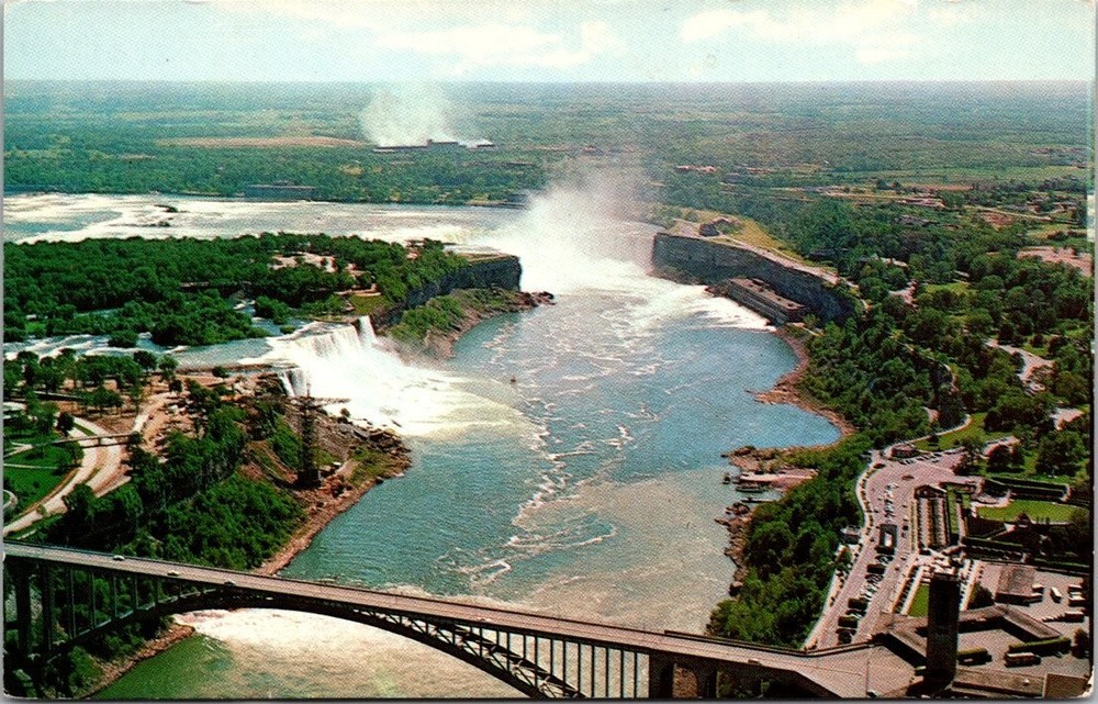 Aerial View Niagara Falls NY Canada Rainbow Bridge Chrome Postcard