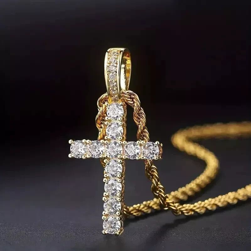 3.00Ct Round Cut Moissanite Cross Pendant Neckless 14k Yellow Gold Plated Silver