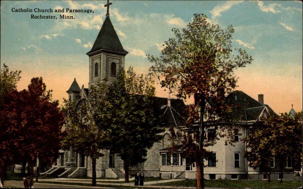 Catholic Church & Parsonage ~ Rochester Minnesota ~ c1910 vintage postcard