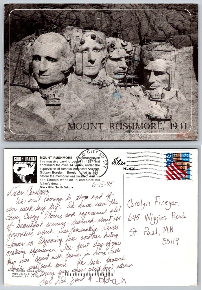 Mount Rushmore 1941 Construction Postcard Black Hills South Dakota 1995 Postmark
