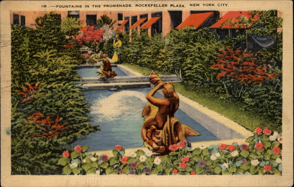 Fountains Promenade Rockefeller Plaza New York City vintage postcard b258