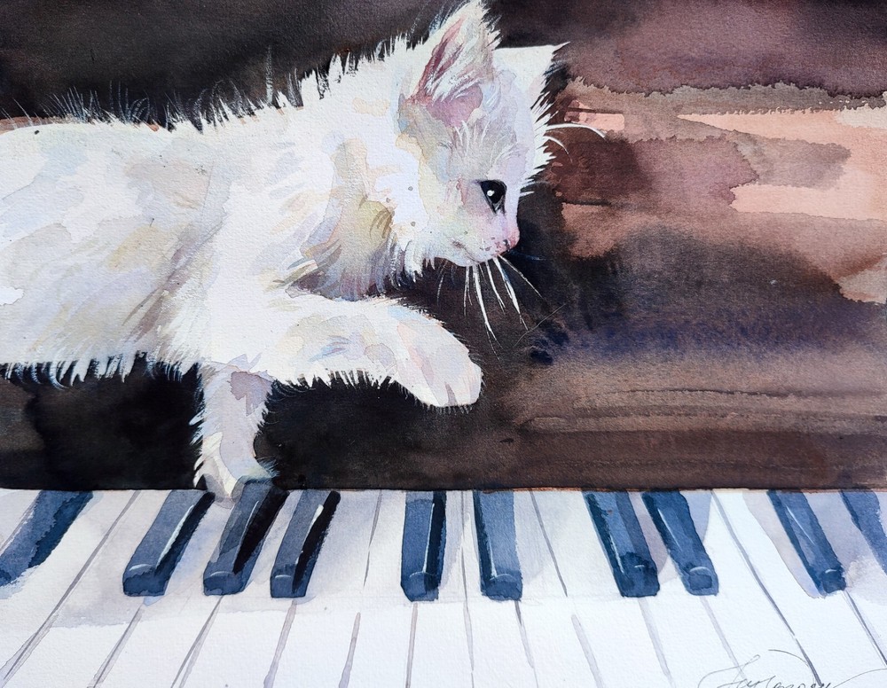 Original Watercolor Painting White Kitten Painting Paino Painting Music Wall Art