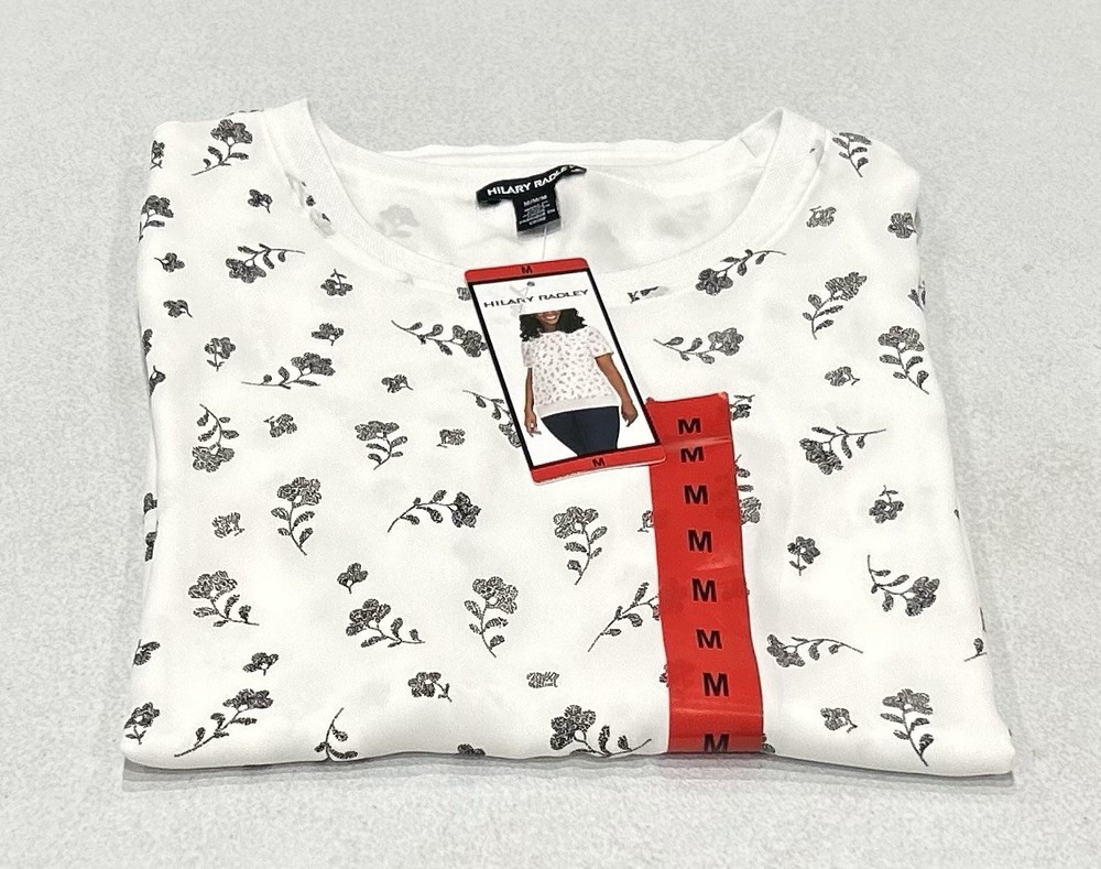 Hilary Radley Women's Short Sleeve Double Layer Blouse, Off-White/Black, Size M