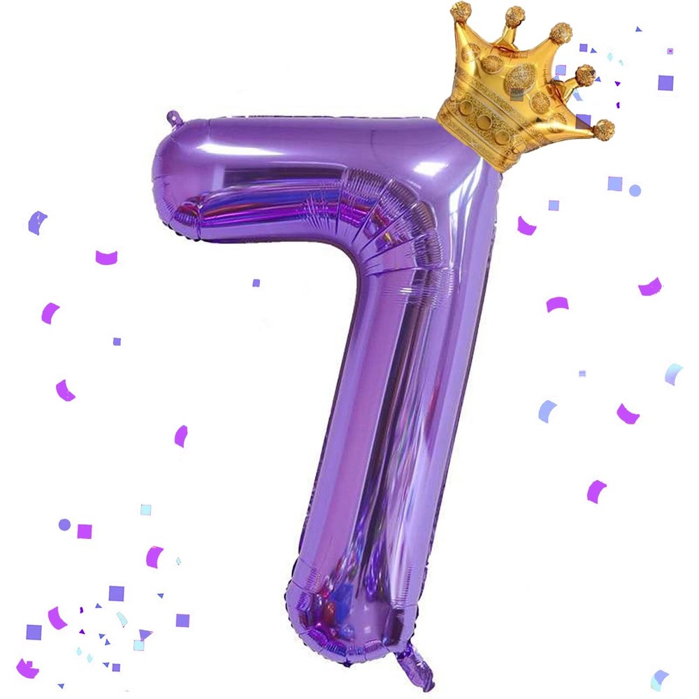 40 Inch Purple Number 7 & Mini Crown Balloon for Birthday Party Decorations, ...